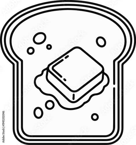 A simple black and white drawing of a slice of toast with melting butter