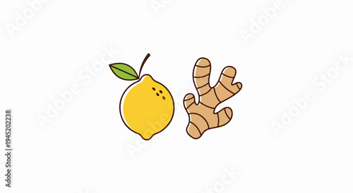A simple cartoon illustration of a yellow lemon and a ginger root