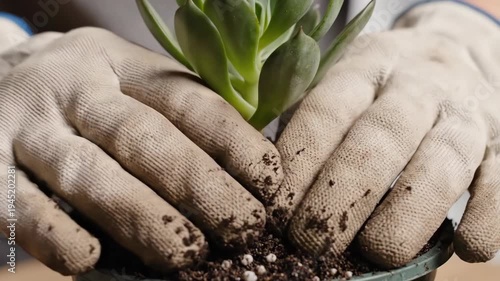 Gloved hand planting vibrant succulent plant in rich soil, careful gardening process ensuring healthy growth and immense satisfaction