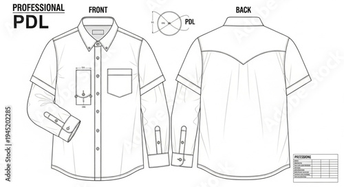 Technical drawing of a short-sleeved button-down shirt with front and back views.