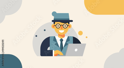A smiling, bespectacled man in a hat works on a laptop computer