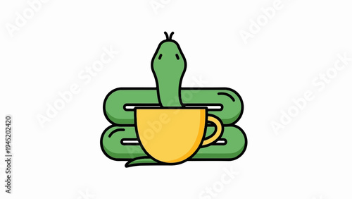 A stylized green snake coiled around a yellow coffee cup