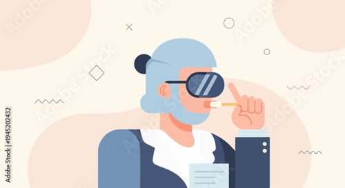 A stylized illustration of a person in formal attire holding a swab near their mouth