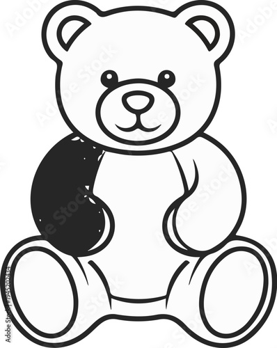 A simple, stylized drawing of a sitting teddy bear with a solid dark ear