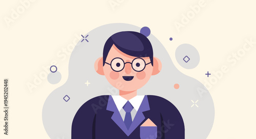 A stylized illustration of a smiling individual in a suit and glasses