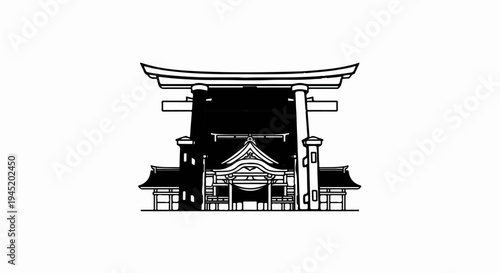 A stylized illustration of a traditional Japanese shrine with a prominent torii gate
