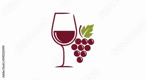 A stylized illustration of a wine glass with red wine and a bunch of grapes