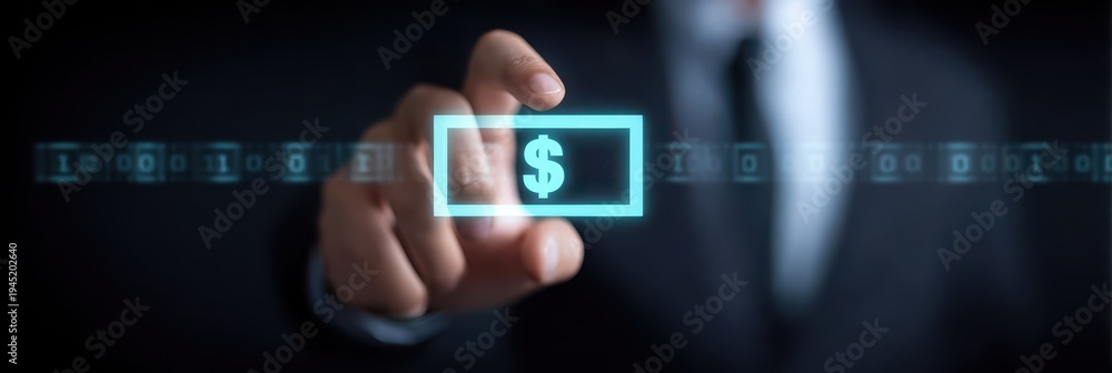 Fototapeta premium Cybernetic protection follows the money through a gateway where the merchant accepts credit for a payment on a large bill.