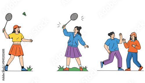 Badminton players in action with rackets and shuttlecock in a vector illustration