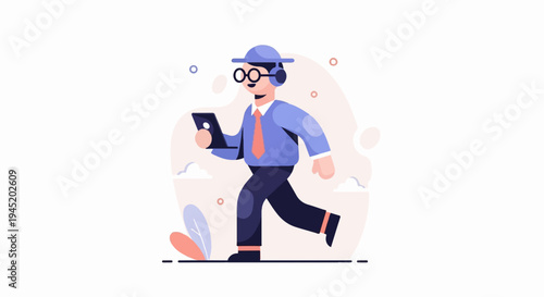 A stylized man in a hat, glasses, headphones, shirt, tie, and pants walks while holding a tablet