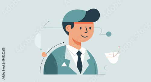 A stylized man in a suit with abstract elements and lines