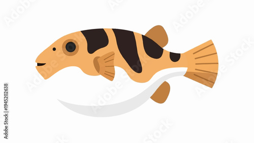 A stylized, orange and black spotted fish swims on a white background