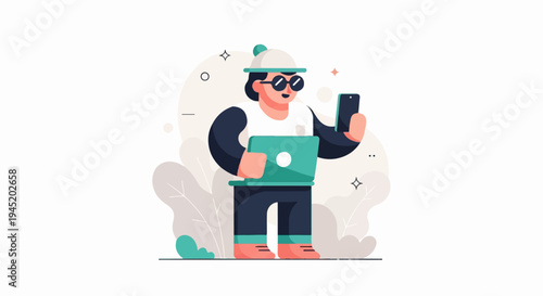 A stylized person in a hat and glasses holds a phone and laptop