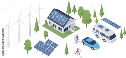Renewable energy smart home system, solar panels, wind turbines, electric vehicle charging, sustainable living, green technology, clean power illustration