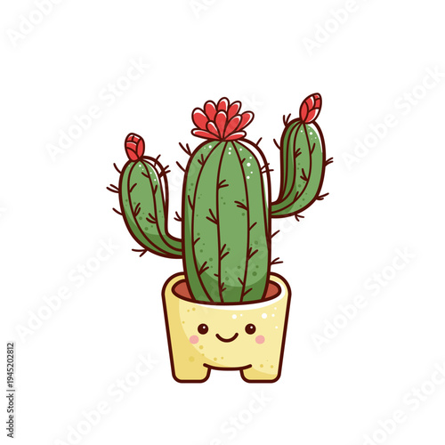 kawaii flowering cactus in a pot with a smiling face. Cute children's art clip