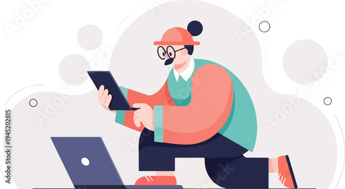 A stylized person wearing a hat and glasses uses a tablet and laptop