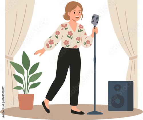 A woman sings on stage with a microphone and speaker nearby indoors.