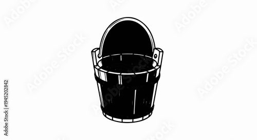 An old-fashioned wooden bucket filled with dark liquid, resting on a white background