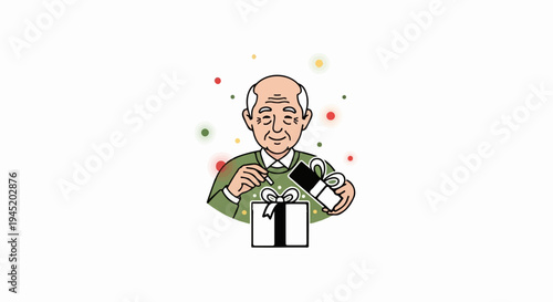 An elderly man with wrinkles happily opens a wrapped gift box with ribbon