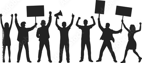 Silhouette protest crowd with raised arms, activism unity demonstration illustration, people holding signs megaphone, collective action artwork for social themes
