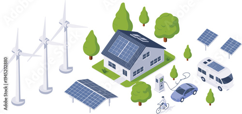 Renewable energy smart home, solar panels, wind turbines, electric vehicle charging, sustainable lifestyle, green technology, clean power ecosystem illustration