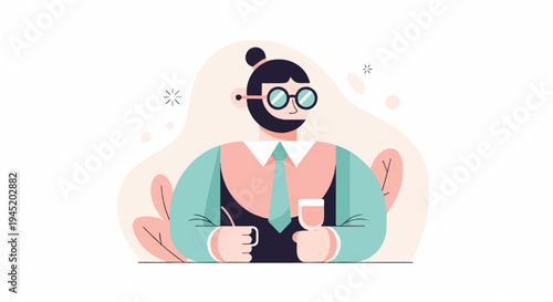 A stylized person with glasses and a bun holds a cup and glass