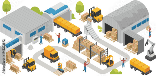 Warehouse logistics distribution center, supply chain operations, forklift cargo loading, delivery truck transport, industrial storage, shipping workflow illustration