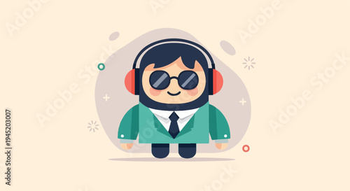 A smiling cartoon character with headphones and sunglasses wears a suit