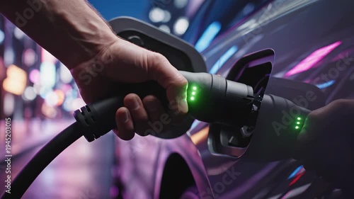 Hand connecting electric vehicle charging plug to car, modern power technology ignites green connection for sustainable urban transport and cleaner