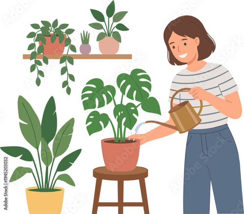 Woman watering plants on a stool in a room with several potted plants.
