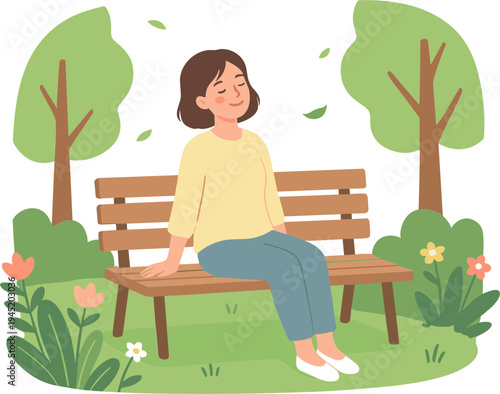 A woman sits on a wooden bench surrounded by trees and flowers in a park.