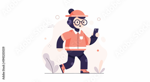 Animated character in orange shirt and dark pants walking with phone
