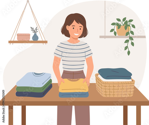 Woman folding clothes on a table in a room with plants