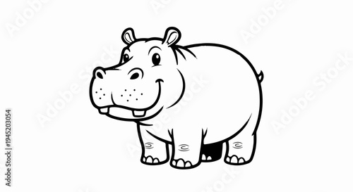 A smiling cartoon hippopotamus with large tusks and a short tail