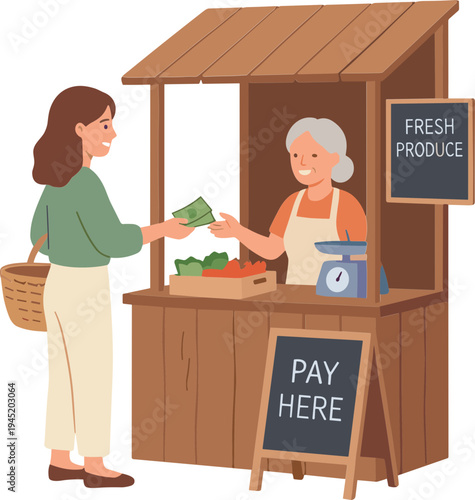Woman buying fresh produce from a market stall vendor outdoors