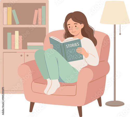 Woman reading stories in an armchair beside a lamp and bookshelf indoors