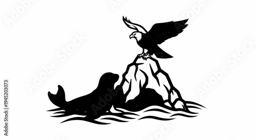 A seal sits by waves as an eagle perches on a rocky peak