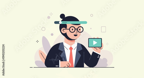 Animated man in suit with video play button on phone and progress bar