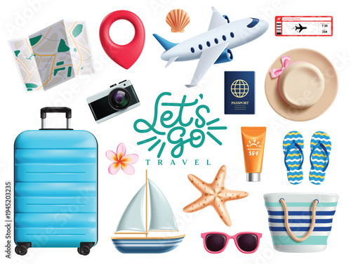 Travel elements clipart set. Let's go Travel text clip art with traveler and summer elements like luggage bag, airplane, location map, tote bag, boat and camera for holiday vacation trip and adventure