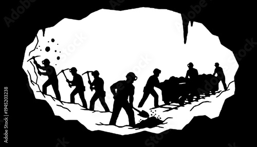 A miner vector illustration of workers in a cave digging for coal