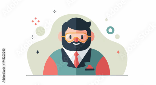 Animated man with beard, glasses, and suit, with abstract shapes