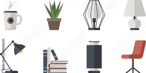 A set of icons featuring a hot drink, potted plant, modern lamps, books, and a chair
