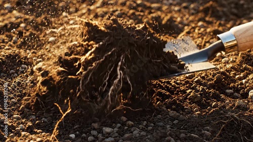 Gardening Trowel Works Rich Soil, Cultivating Earth For Planting. Digging Roots Fosters Plant Growth, Fulfilling Activity Promoting Joy In Nature
