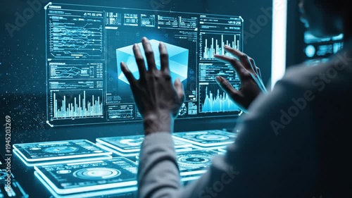 Focused person manipulating glowing blue holographic data interface intricate visuals. Hand engaging glowing cube, advanced high tech innovation