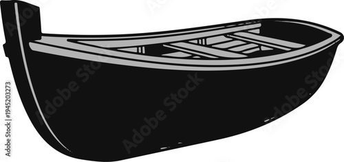 Black and grey illustration of an empty wooden rowboat with slatted seating