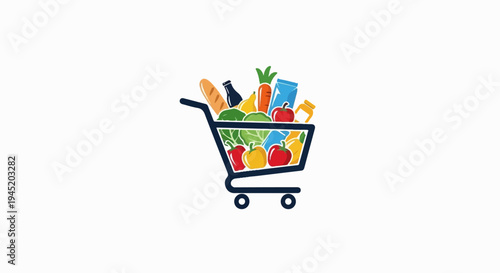 A shopping cart filled with colorful groceries, including fruits and vegetables