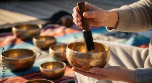 Person striking singing bowl for meditation and healing