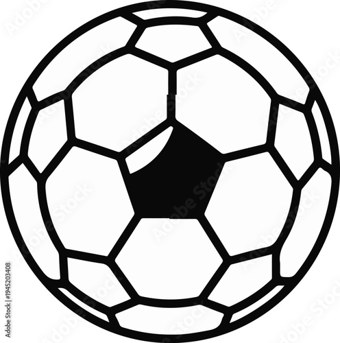 Black and white graphic of a soccer ball with pentagon and hexagon panels