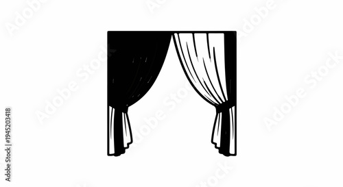 Black and white sketch of elegant drapes partially drawn open