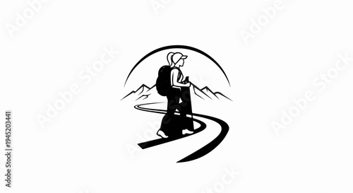 A silhouette of a hiker with a backpack and trekking poles on a winding path